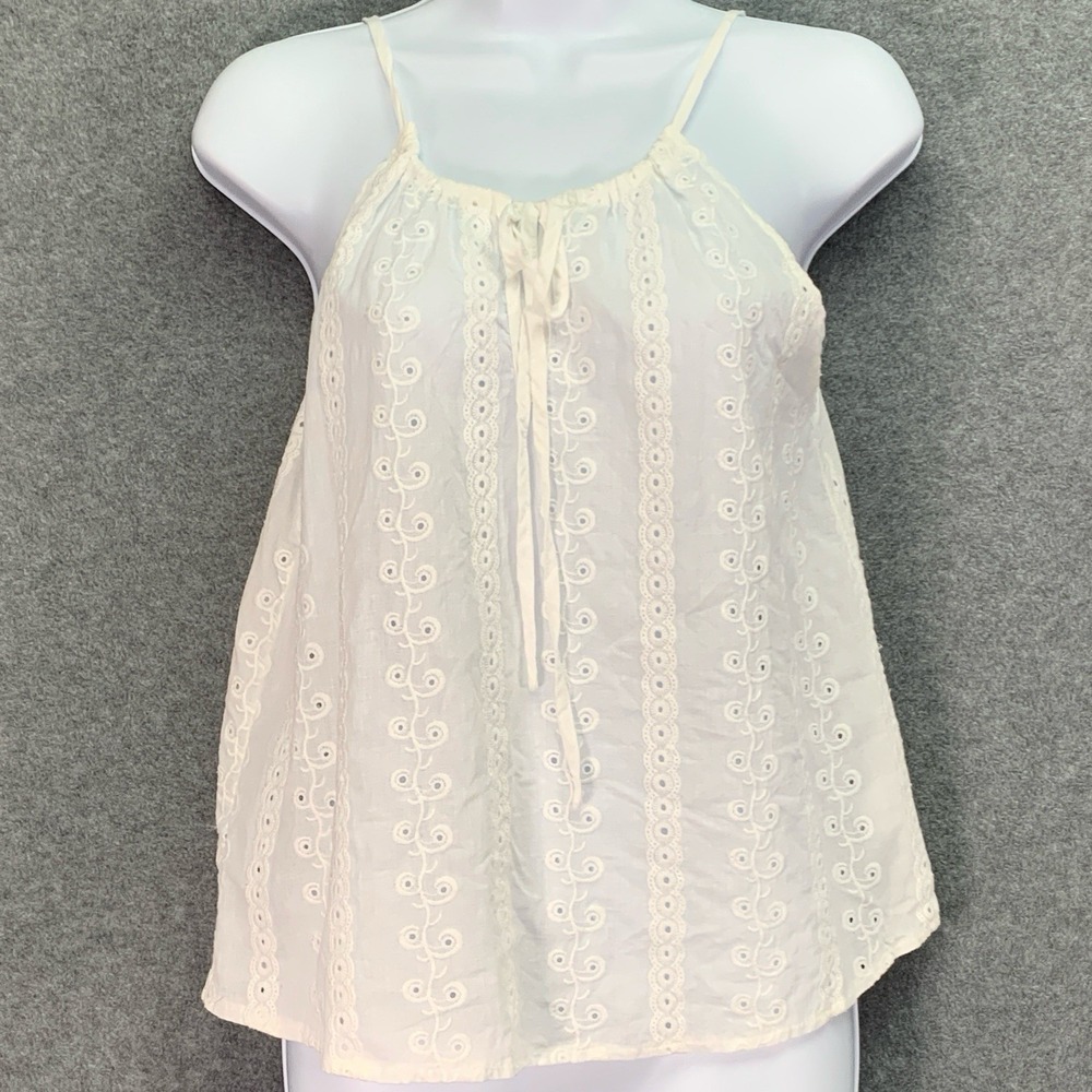Ganji LA Eyelet Lace Cami Tank Crochet Flowy Boho Size Medium Cream Coquette Bow